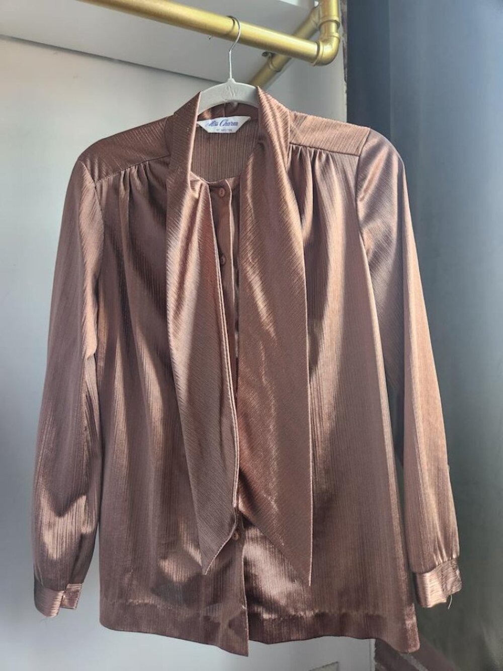 Vintage Miss Charm of Boston ILGWU Brown Satin Bow Long Sleeve Tie Neck Blouse